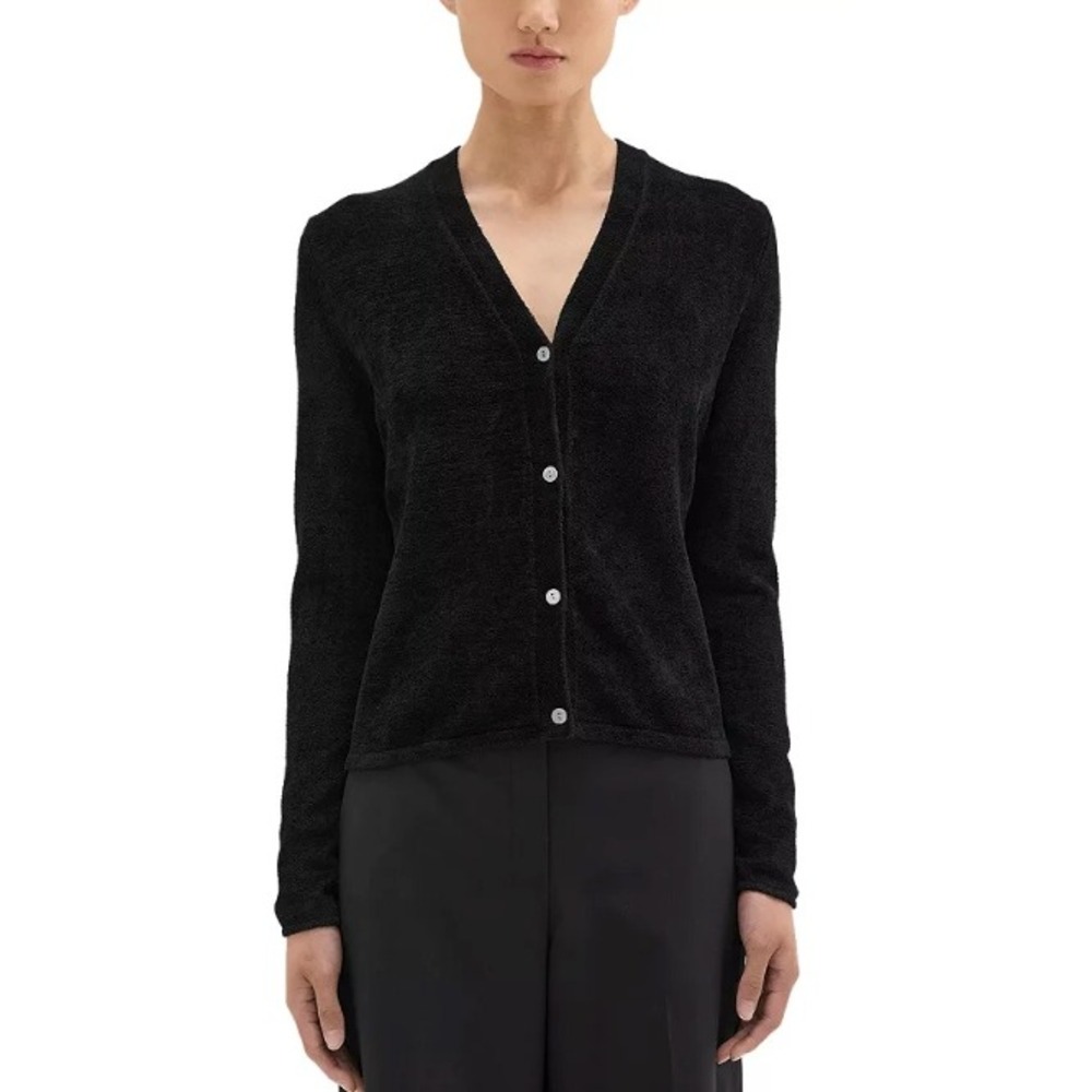Theory Black Plush V-Neck Button Cardigan Sweater Size S Fall Quiet Luxury